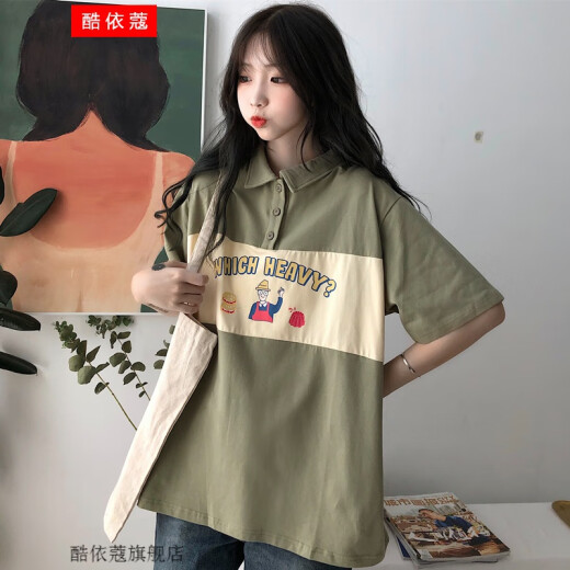 Lapel T-shirt women's loose Korean style student girl high school junior high school girl short-sleeved summer clothes Harajuku style retro Hong Kong style middle school student summer fashion hot weather POLO shirt top green one size