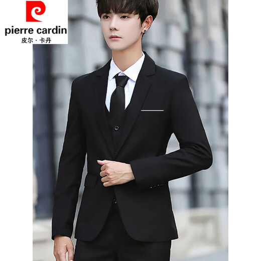 Pierre Cardin Teenage High School Adult Dress Suit Boys Formal Suit Men's Slim Jacket A Casual Graduation Clothes 1 Button Black Suit + Shirt + Belt XL (115-130Jin Jin equals 0.5kg)