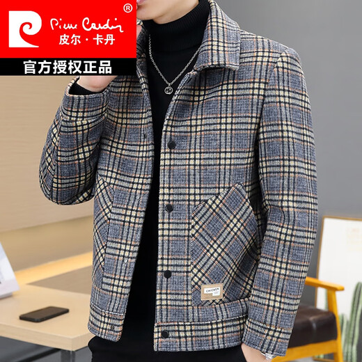 Pierre Cardin 2025 autumn and winter new plaid woolen coat men's lapel jacket young men handsome woolen coat knitted R2206 blue plaid 2XL (about 145~160Jin Jin equals 0.5 kg can be worn)