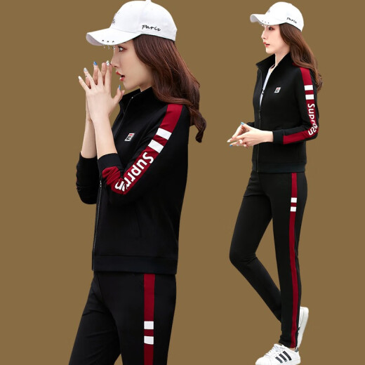 Chaoyunyue Sports Suit for Women Spring and Autumn New Fashion Large Size Loose Korean Sweatshirt Three-piece Set Running Casual Wear Trendy Black M