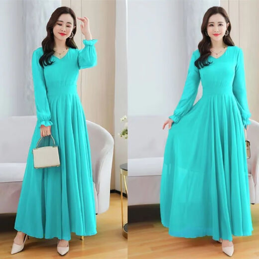 Yijin dance studio special large swing double-layer chiffon skirt double-layer dance long skirt loose slimming mid-length royal blue length 3XL recommended 135--145Jin [Jin is equal to 0.5 kg]