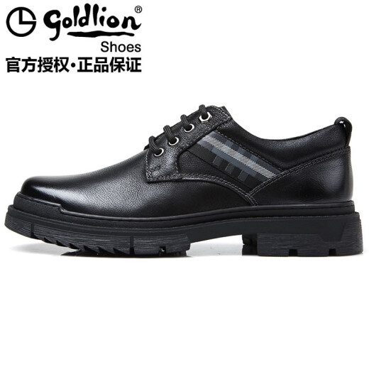 Goldlion Men's Casual Shoes Cowhide Lace Work Shoes Leather Shoes Men's First Layer Cowhide Breathable Rough Round Toe Sewing Shoes Soft Leather Black 44 (one size larger than the national code)