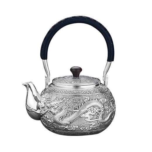 Silberwaren-Silber-Tee-Set 999-Fuß-Silber handgefertigte Teekanne Silber Tee Tasse gekochtes Tee Anti-Scenen-Kessel Silber Geschenk für Älteste 2 Töpfe 7 Tassen etwa 1048 Gramm [Dragon und Phoenix Förderer]