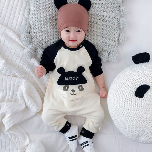 Baby girls 6-12 months old in autumn, wearing harem clothes when going out, spring and autumn long-sleeved male baby jumpsuits, male baby clothes, black sleeves, red panda 90cm