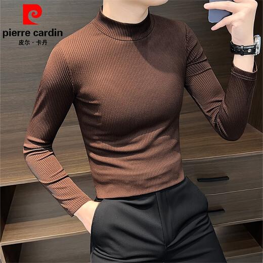 Pierre Cardin Turtleneck Bottoming Shirt Men's Thin Long Sleeve Slim 2025 New Autumn Tight Striped Mid-Collar Knitted Sweater Dark Brown 2XL Recommended 150Jin Jin is equal to within 0.5kg