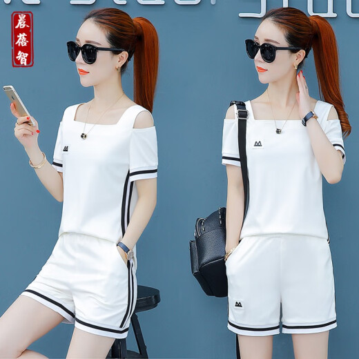 Chenbeizhi cbz shorts women's suit 2020 summer women's loose short-sleeved shorts student fashion two-piece running suit casual suit women's fashionable sports suit trendy white do not take pictures with this code, please take pictures with your own size