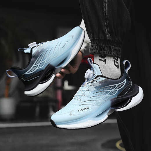 Nuevos zapatos deportivos de verano Autumn e invernal de otoño e invierno botón de giro Running Zapatos ultra ligeros Atacos y zapatos transpirables Hombres 9887 LIGHTA AZUL [superficie de cuero] 42