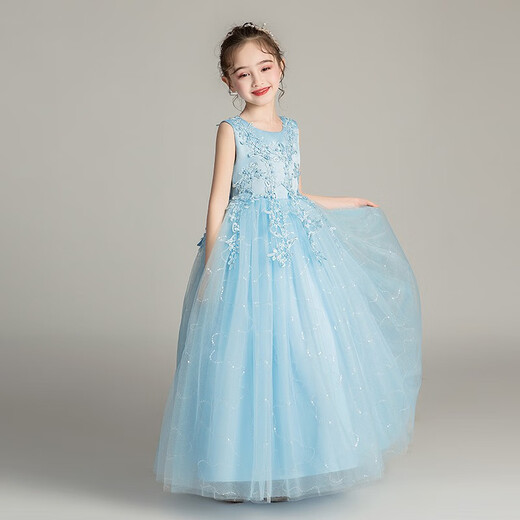 Dev Ake Kinderkleid Girl Prinzessin Rock Moderatorin High-End Piano Performance Evening Kleid Little Girl Hochzeit Sommer Big Boy BX683 Langhändler Blau 150 (vorgeschlagen 61-70jin [Jin ist gleich 0,5 kg])