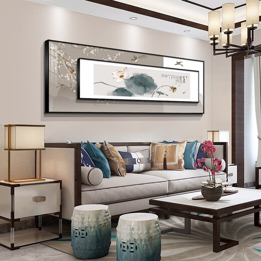 Mopai New Chinese style living room decoration painting sofa background wall mural modern simple and atmospheric banner landscape superposition painting humble room inscription large 200*70+small 160*50 crystal porcelain