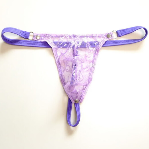 Transparent mesh men's thong, revealing buttocks and PP, lace men's underwear, sexy and tempting low-waisted T-string pants, purple, one size fits all