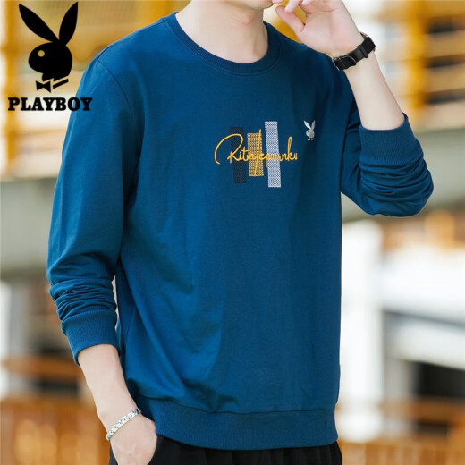 Playboy Sweater Men's 2021 Autumn Loose Korean Style Trendy Long Sleeve Men's Printed Round Neck Versatile Sweater Comfortable Breathable Top Dark Blue XL