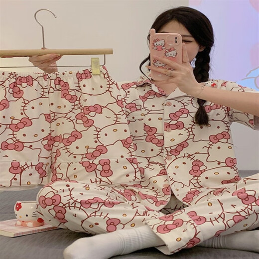 
Youshifei KT cat pajamas for women in summer short-sleeved trousers three-piece cardigan loose cotton cute thin style student home 14134# Duo Pin Kulomi [Three-piece set] 2XL (135-155Jin [Jin equals 0.5 kg])