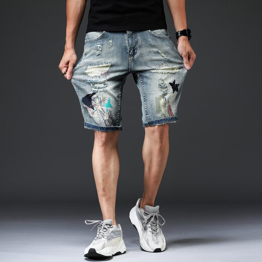 Niu Bafang Neue Sommer -Internet -Promi Stickerei Rippte Haired Cat Whisker Denim Shorts Herrenmodische Marke Persönlichkeit Modetrend Elastischer Sommer -Männer -Denim -Shorts 826 Hellblau Größe 34 (zwei Füße sieben)
