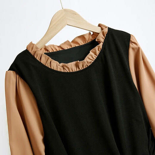 Shanidoluo large size women's clothing fat sister spring and autumn style slimming medium length fake two-piece fat mm belly-covering chiffon dress 16788 khaki 5XL recommended 180-200 Jin [Jin equals 0.5 kg] to wear