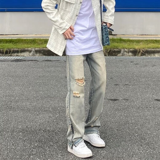 ZHIDOUDOU夏季新款美式高街复古做旧破洞拉链黄泥染水洗牛仔裤子休闲男女款 叁牛-9756 S  收藏优先发货