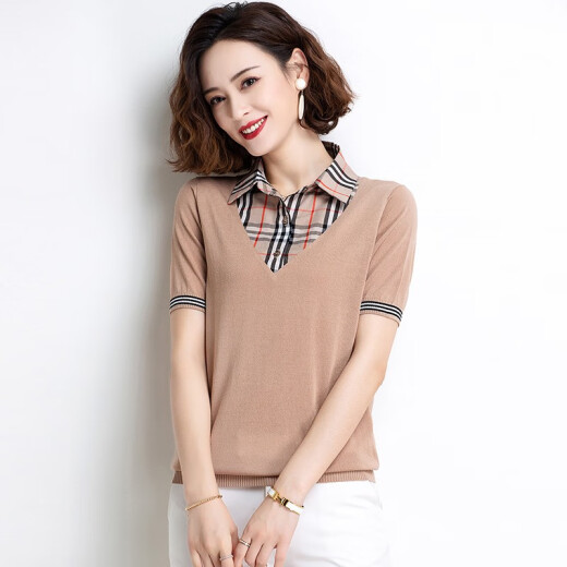 Su Xing short-sleeved T-shirt women's new summer women's loose ice silk sweater polo collar plaid top apricot 2803M