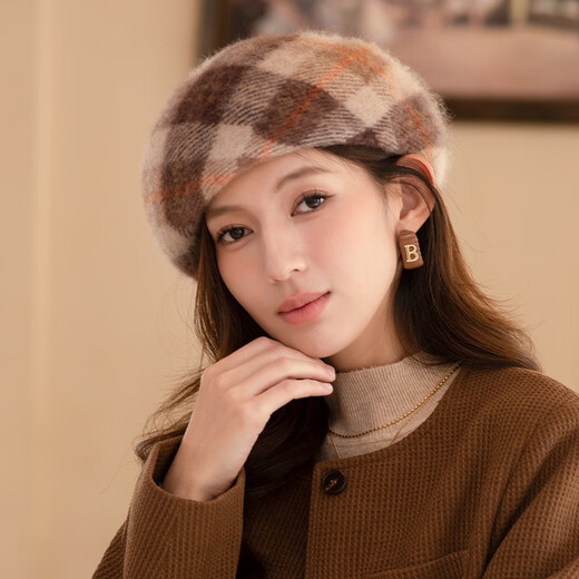 Xiangxue Yuxiu beret women's retro Angora rabbit fur hat women's new octagonal hat autumn and winter warm literary style painter's hat gray one size 56-58CM