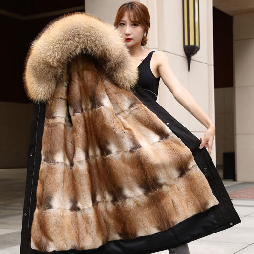 Yishan Paike women's mid-length green-rooted mink lining mink fur coat raccoon fur collar real fur detachable over-the-knee coat dark green shell L recommended 105-120 Jin [Jin equals 0.5 kg]