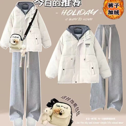 Fhhuabd Winter Frauenkleidung volle Set kleiner süßer Plüsch-verdickter Beutel für weibliche Studenten koreanische louse Brotplüschschwarze Hose 1396# S Empfohlen 80-95jin [Jin gleich 0,5 kg]