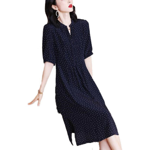 Pierre Cardin dress 2024 summer new style loose mid-length high-end slim polka dot mid-length fashion skirt women's navy L (105-115Jin [Jin equals 0.5 kg] shot)