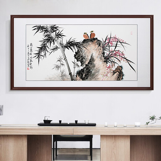 Han Aochun authentic hand-painted traditional Chinese painting, living room decoration painting, sofa background painting, study hanging painting, flower and bird bamboo orchid ink painting, orchid heart and bamboo to signify peace, with brown frame, mounting with solid wood frame, 165*85cm