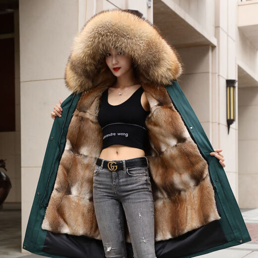 Yishan Paike women's mid-length green-rooted mink lining mink fur coat raccoon fur collar real fur detachable over-the-knee coat dark green shell L recommended 105-120 Jin [Jin equals 0.5 kg]