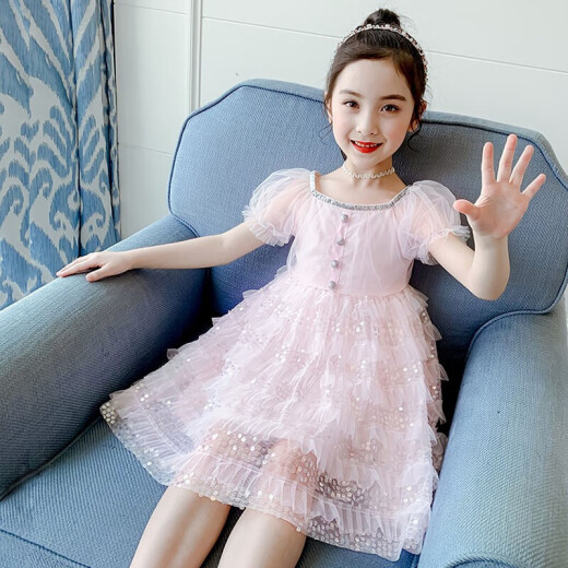 Qiao Gongju Children's Clothing Girls Dress Summer Dress 2021 New Children's Princess Skirt Western Style Mesh Fairy Dress Skirt Mid-sized Children's Fashion Dance Skirt Pink 140 Sizes (Recommended Height 130 cm)