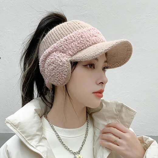 Haoguan peaked cap, winter cycling hat for women, autumn and winter ear protection plus velvet, warm knitted woolen hat, fashionable and versatile, hollow top earmuffs, trendy, coffee color, one size fits all