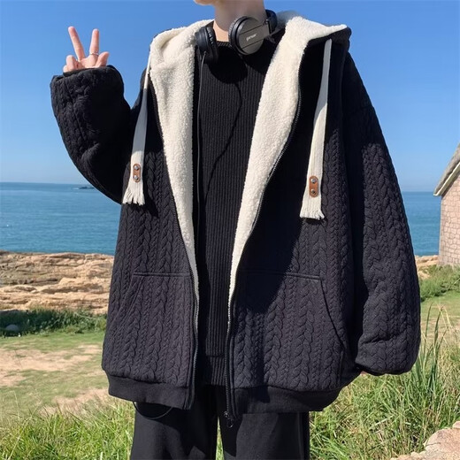 Huangzhen imitation lamb velvet cotton coat men's hooded jacket autumn and winter men's Hong Kong style loose jacket plus velvet thickened casual cotton coat white plus velvet single piece XL 120-140Jin Jin equals 0.5 kg
