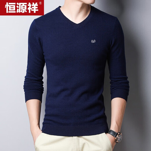Hengyuanxiang pure wool sweater men's autumn and winter thin V-neck sweater sweater top black 170
