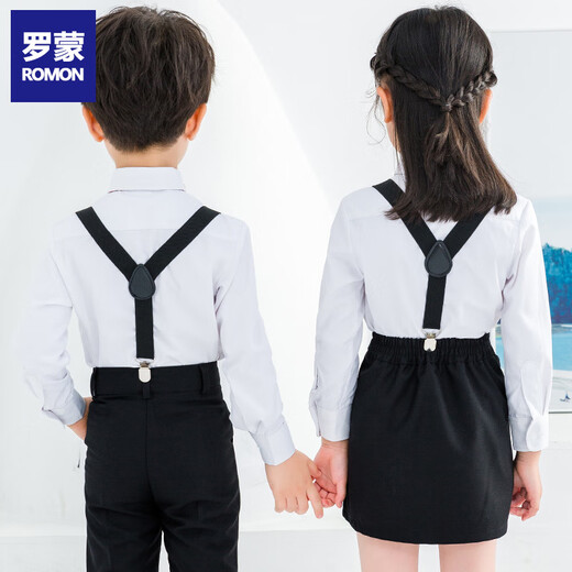 Romon children's suspenders boys graduation performance uniforms graduation chorus performance boy host flower girl dress suit women's four-piece suit black suspenders + short skirt + long-sleeved white shirt + burgundy collar flower 120