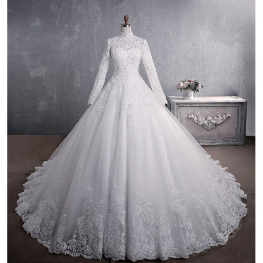 Mo Yishan [Official Genuine Direct Mail] European and American Wedding Dress Lace 2020 New Bridal Stand Collar Long Sleeve Stand Collar Large Trailing Large Size Wedding Dress Customized Floor M
