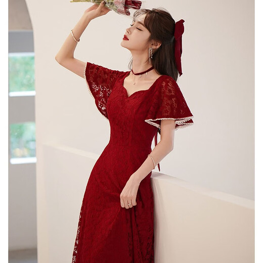 Lankaroni Lankaroni toast suit bride can wear wedding engagement dress return small evening dress lace burgundy medium length M