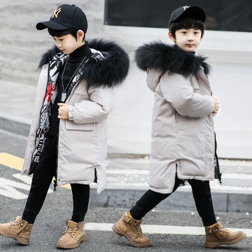 Mingsenbei children's clothing boys' big fur collar cotton jacket 2020 new autumn and winter clothing long cotton jacket for middle and large children reversible children's cotton coat handsome and fashionable hooded jacket thickened coat trendy black 160 size (suitable for height around 155cm)