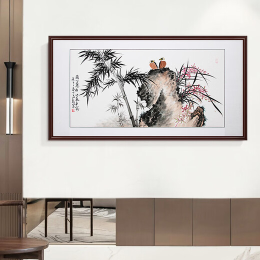 Han Aochun authentic hand-painted traditional Chinese painting, living room decoration painting, sofa background painting, study hanging painting, flower and bird bamboo orchid ink painting, orchid heart and bamboo to signify peace, with brown frame, mounting with solid wood frame, 165*85cm