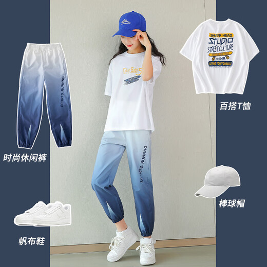 mlgt法国风潮童装 女童套装2025新款夏季透气休闲T恤夏装儿童运动装 5735渐变蓝_9905白色(冰丝款)(不含鞋 130 cm