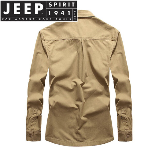 JEEP SPIRIT/品牌高档男装长袖衬衫男多口袋工装免烫棉衬衣春秋中年宽松 1389加绒卡其色 6XL
