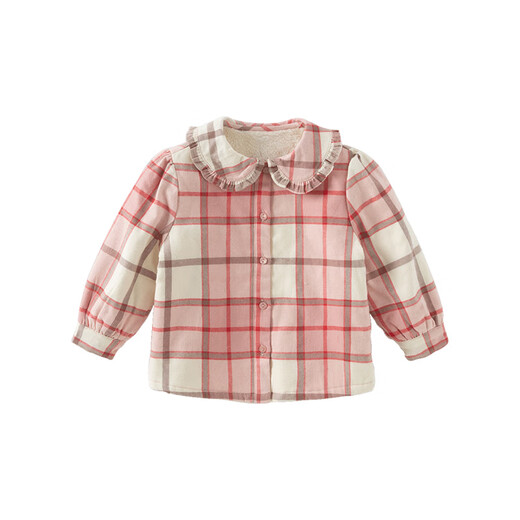 DAVE&BELLA children's clothing sweet baby girl plaid shirt children's shirt plus velvet children's shirt girls long-sleeved top autumn and winter new style pink plaid in stock 120 cm (recommended height 110-120cm)