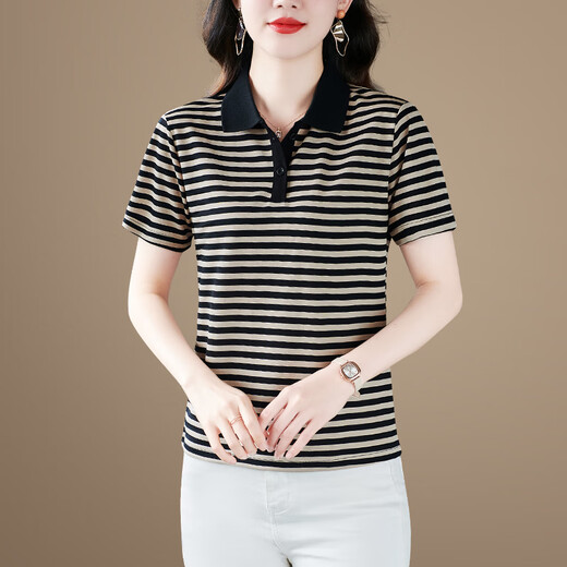 Kesimiao Light Luxury Marke Frauen kurzärmeliges T-Shirt für Frauen 2025 Sommer Neues Streifenpolo-Hemdtemperament Lose Top Trendy Khaki L (100jin [Jin entspricht 0,5 kg] -110jin [Jin gleich 0,5 kg]))