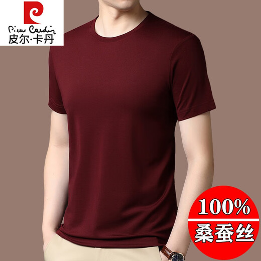 Pierre Cardin Mulberry Silk T-shirt à manches courtes Col à manche masculin Été d'âge moyen et jeunes T-shirt en soie de couleur solide