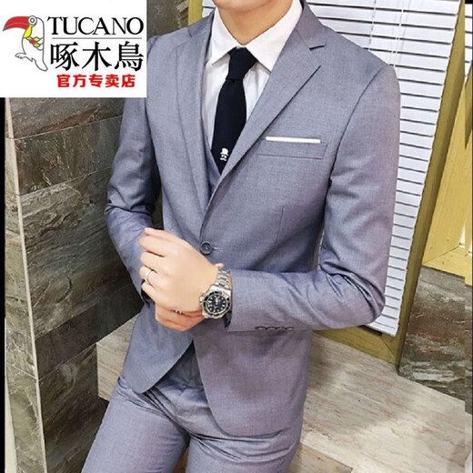 Woodpecker suit men's three-piece suit four seasons Korean version slim small suit professional formal groomsman groom wedding dress black suit + trousers + shirt XL 120-130Jin Jin equals 0.5 kg