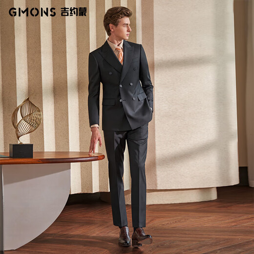 G MONS Australian wool suit men's navy blue double-breasted wedding groomsmen business formal suit complete set for men 0671 black top + pants 52