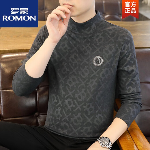 罗蒙（ROMON）男士半高领双面德绒卫衣秋冬新款长袖t恤烫钻打底百搭修身男装 6630黑色 M