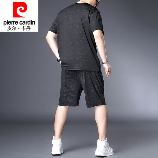 皮尔卡丹品牌高档男装220斤胖子套装肥佬冰丝速干T恤男胖子加肥加大码男装夏季休闲运动短袖短裤套装 黑色9922套装 收藏加购优先发货 2XL