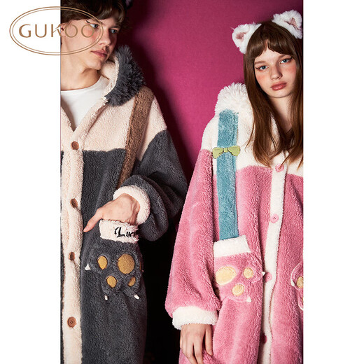 Gukoo Nightgown Couple Pajamas Women Autumn and Winter Mary Cat Coral Velvet Bathrobe Men's Home Clothing Mary Cat Women's Nightgown L