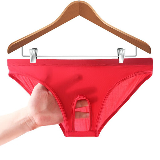 Men's sexy underwear, men's no-take-off thong, adult crotchless briefs, revealing balls, low-waisted, white