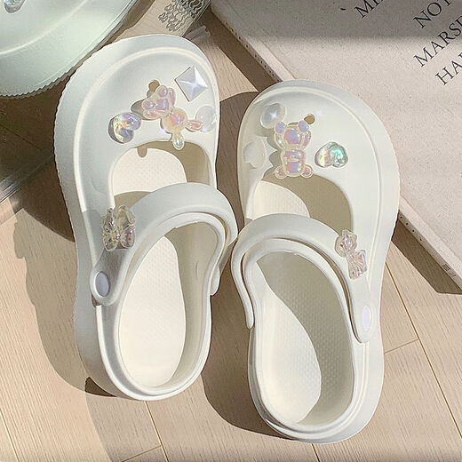细细条（XIXITIAO）仙女洞洞鞋春夏时尚网红外穿甜美水钻玛丽珍拖鞋沙滩鞋ins 奶油白 35-36