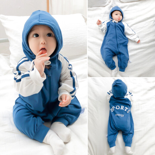 [New Product Launch] Newborn Girl Baby One-piece Clothes Hundred Days Full Moon Princess Spring Autumn Summer Clothes Boy Baby Romper Suit Going Out Blue Sports Hooded One-piece Clothes 66cm