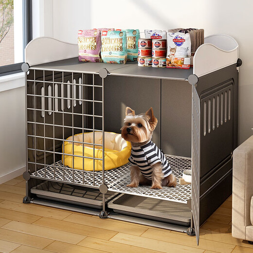 OIMG Dog Cage Small Dog Home Indoor Winter Nest Toilet Integrated Puppy Pet Cage Bichon Frize Fence 2 Medium Size 75*49*59CM (With Universal Wheel White) Basic Cage + Grid Foot Pads + Installation Tools