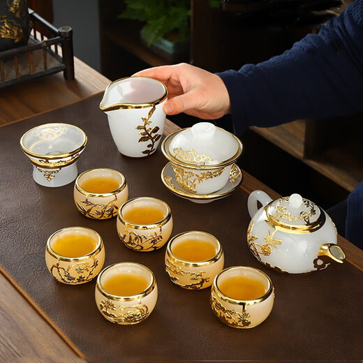 Langting Yafang high-end tea set set, glass pure handmade kung fu tea cup set, home office gift teapot cover bowl, glass set (large set) 14 pieces